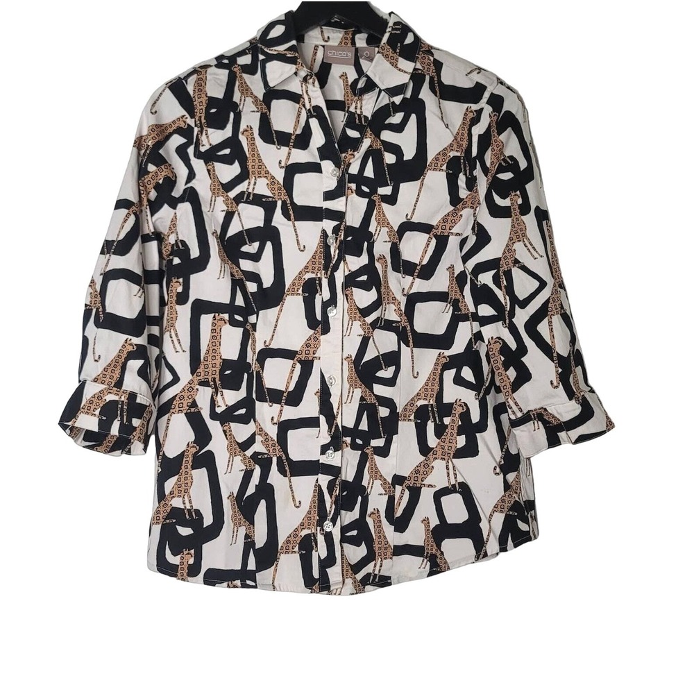 Chico's Button Shirt S Cream Black Cheetah Animal 3/4 Sleeves Stretch Mob‎ Wife